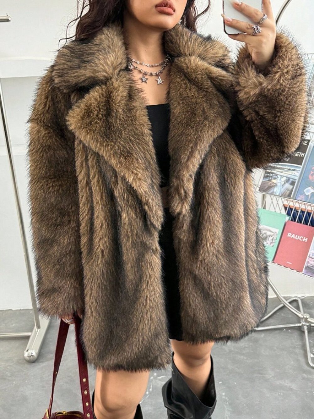 Brown Casual Women's Plus Size Faux Coat
